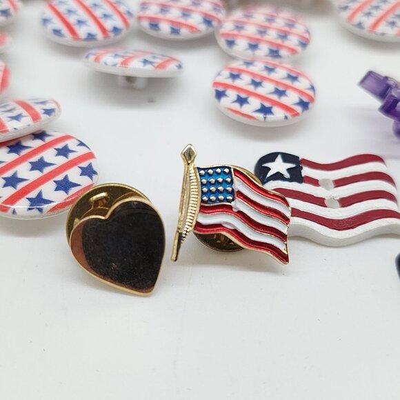Patriotic Button & Pin Lot of 29Stars Stripes Purple White Gold Accents Crafts - Picture 2 of 5